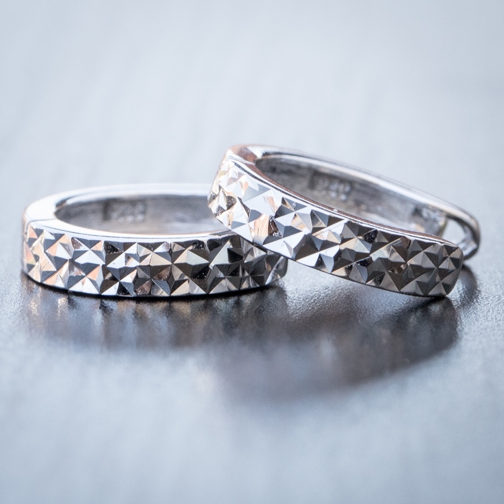 Silver Diamond Cut Hoop Huggie Earrings For Men